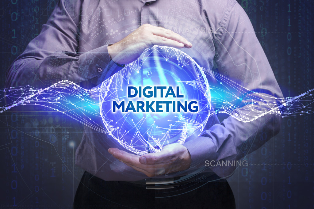 digital marketing concept on a holographic ball