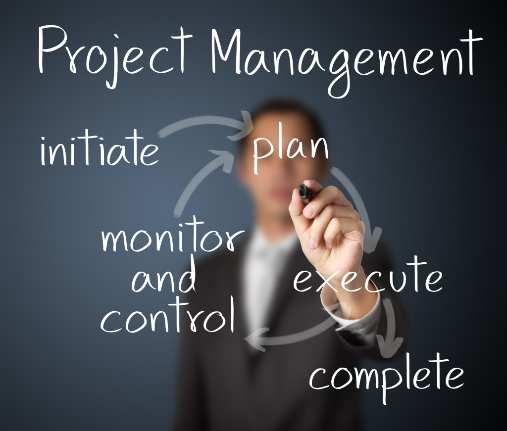 a young man in a business suit writing a project management workflow