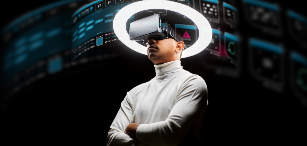 man wearing VR glasses in virtual world