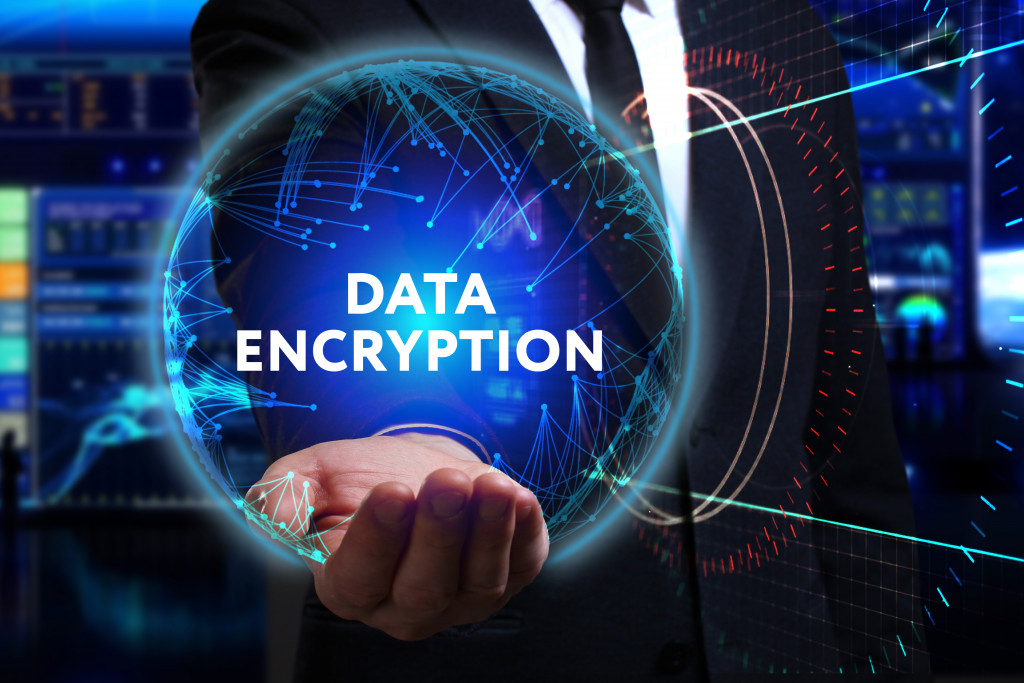 The word DATA ENCRYPTION inside a blue sphere